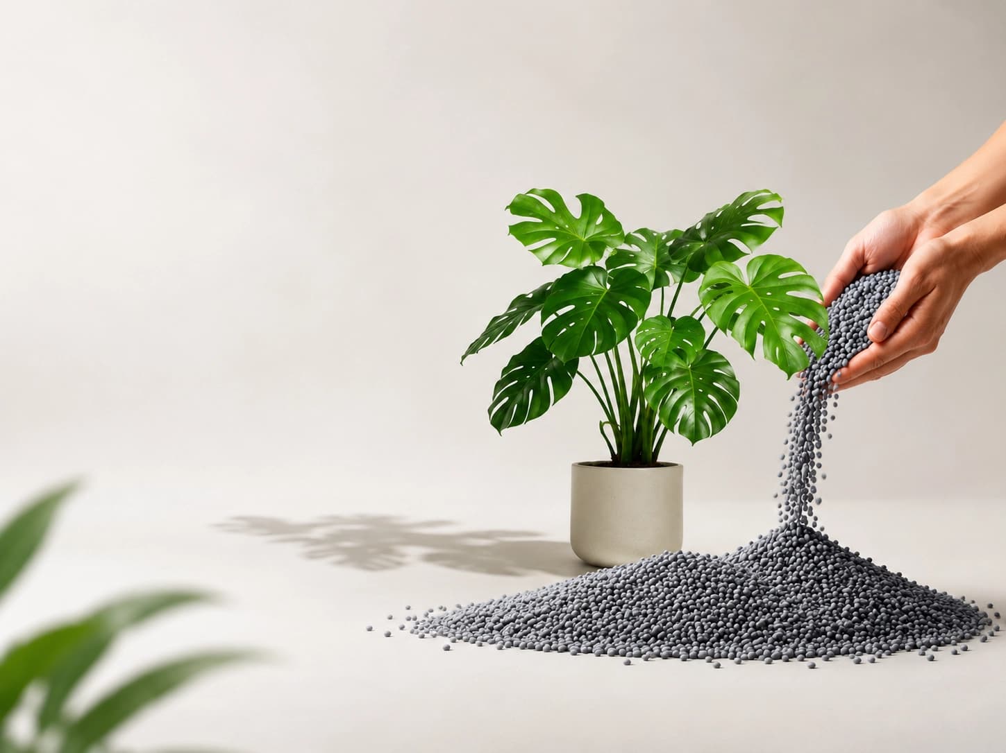 LiGrA lightweight green aggregates poured next to a monstera plant