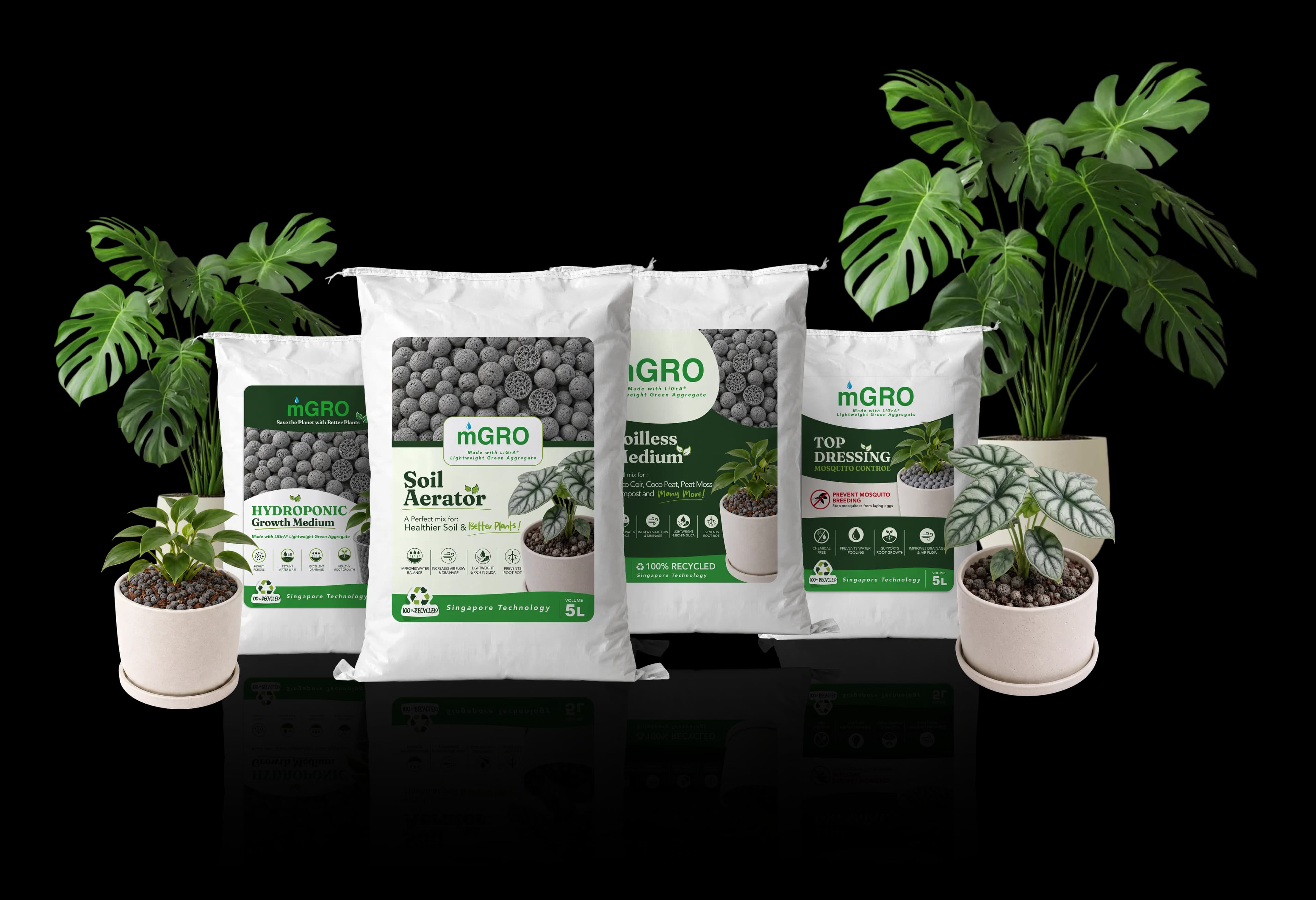 mGRO product lineup: Hydroponic Growth Medium, Soil Aerator, Soilless Medium, and Top Dressing