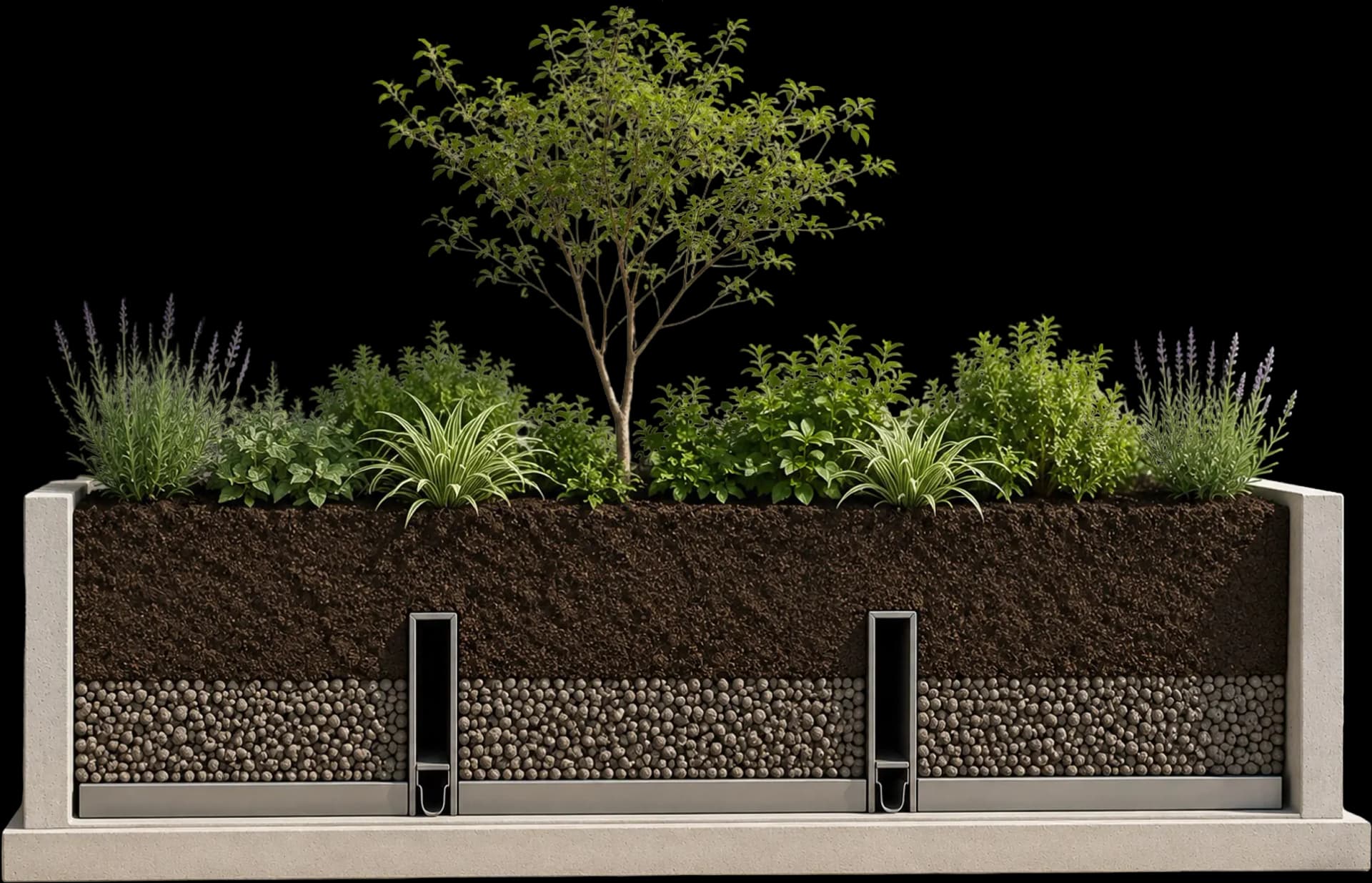 Isometric illustration of a raised planter box with mGRO lightweight aggregate layers