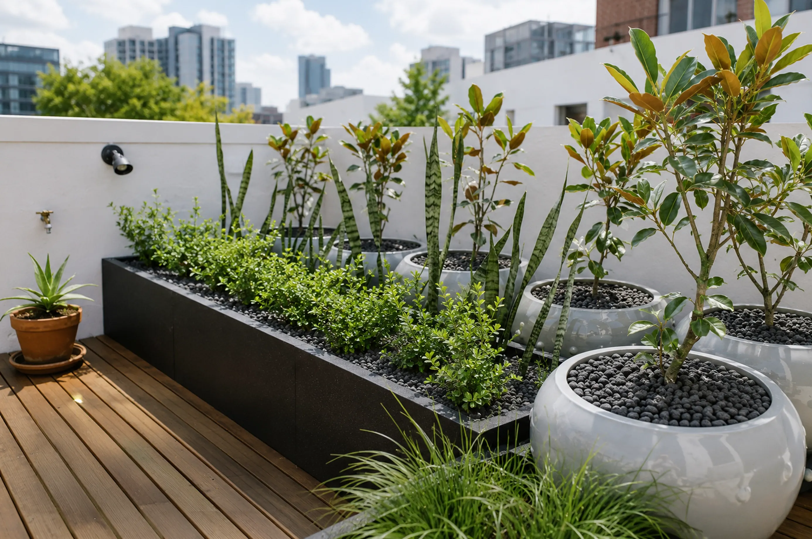 Rooftop garden with lightweight mGRO planter boxes and lush plants